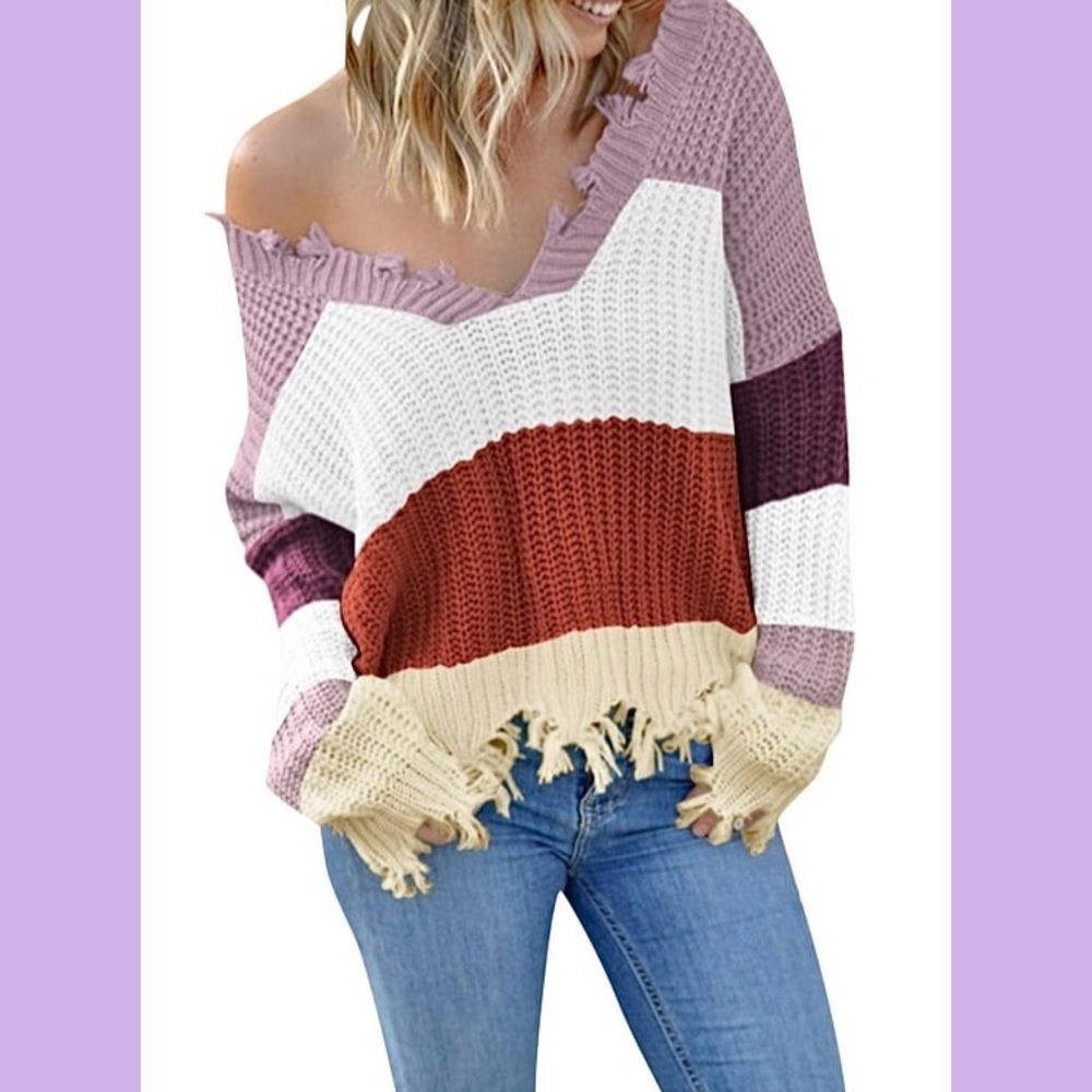 Boutique Colorful Striped V-neck Off-the-Shoulder Sweater